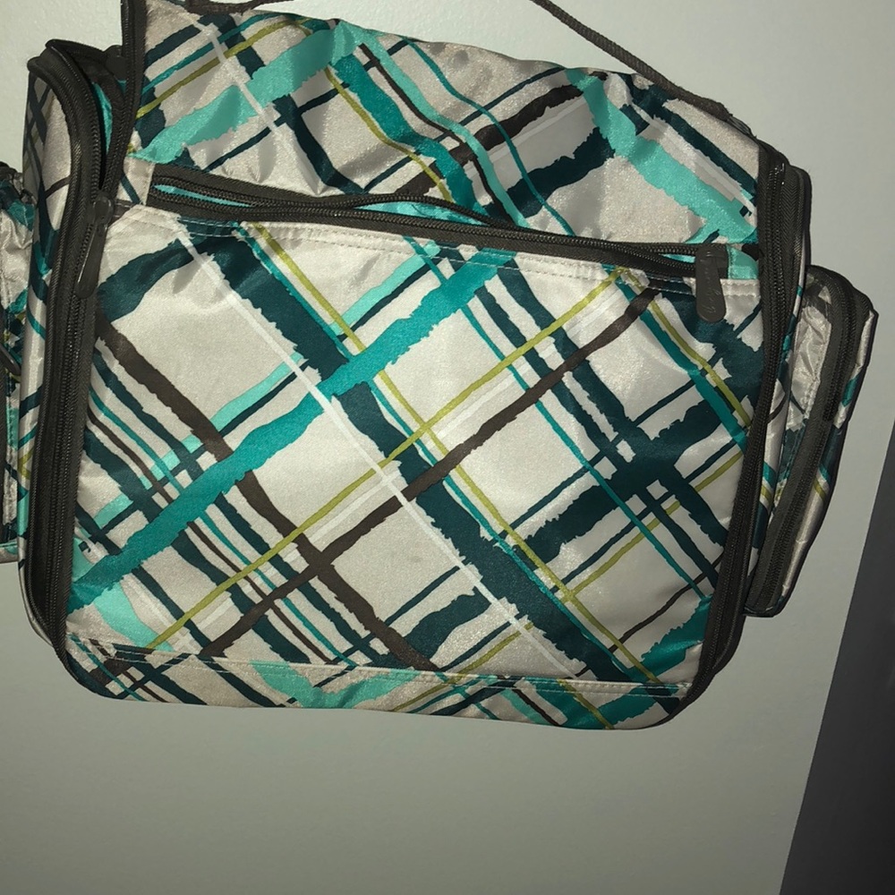 Thirty One grey, blue, green travel toiletry case.